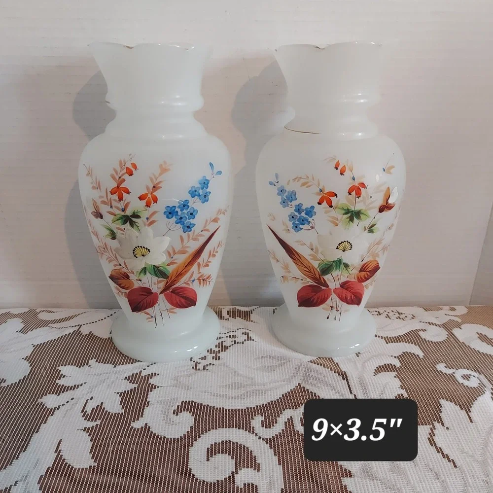 Vintage Bristol Satin Milk Glass Floral Vases Set of 2 Hand Painted Gold Trim 9